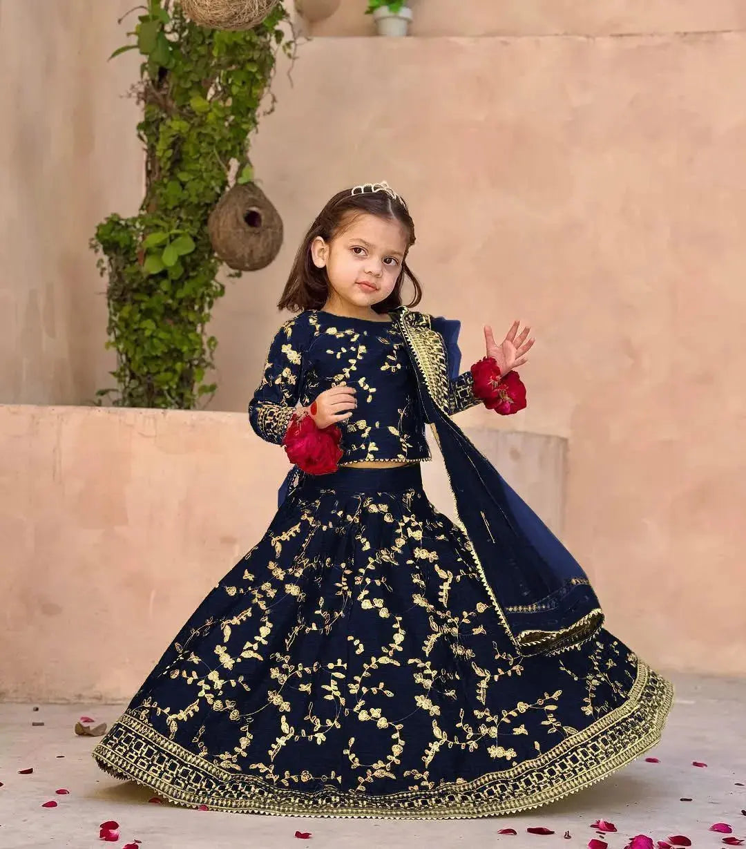 Blue Embroidered 3Pcs Girl's Shamoz Silk Lehenga Set Trend Trovs