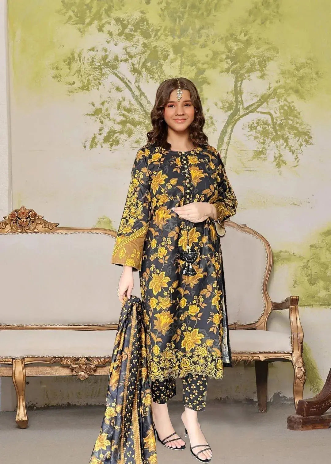 Girl's Yellow Printed Kurta Shalwar Set 3Pcs Arabic Lawn Trend Trovs