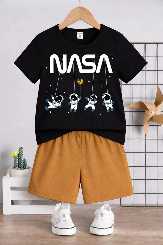 2 Pcs Boy Girl Printed NASA Tracksuit Black Shorts Set Trend Trovs