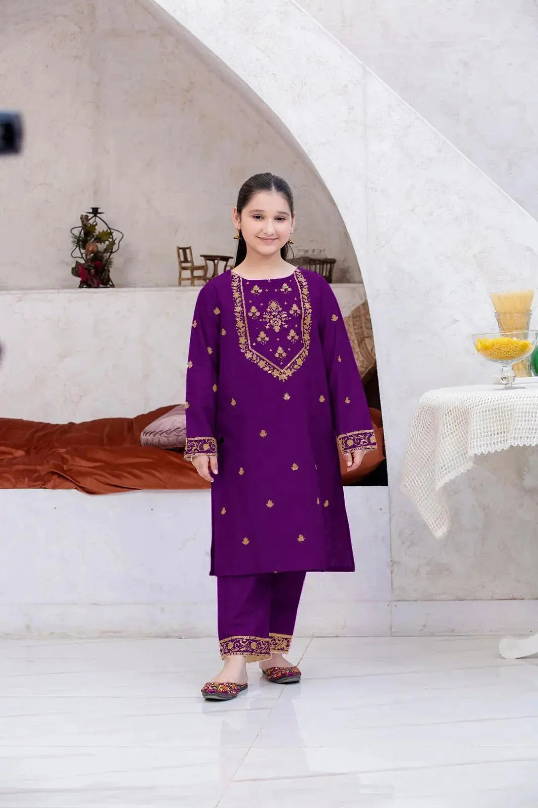 Purple Linen Embroidered Kurta Shalwar Suit for Girls 6-12Yrs Trend Trovs